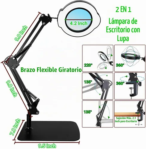 Vista 5 de Lupa 15X con luz y soporte, 5 modos de color, 10 niveles de brillo ajustable, lámpara de escritorio 2 en 1 con abrazadera, lupa de luz LED manos