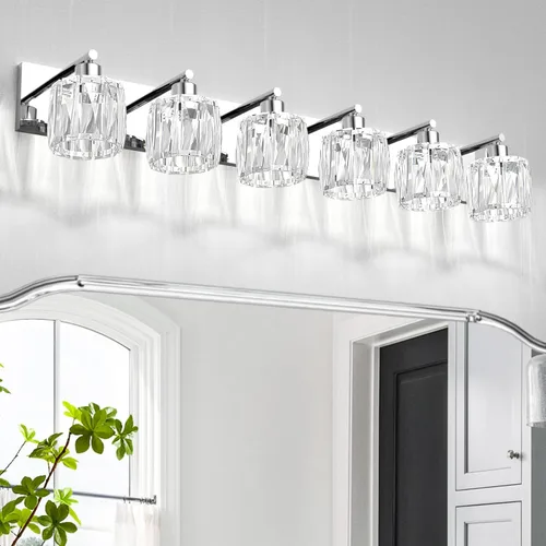 Vista 17 de VOLISUN Luces de Tocador de Cristal - 2 Luces Modernas de Acero Inoxidable para Baño Sobre Espejo, Acabado Cromado - Certificado UL
