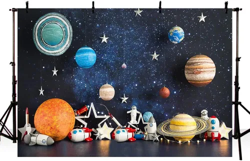 Vista 9 de MEHOFOND Fondo de fotografía del espacio exterior de 7 x 5 pies, universo, planeta, estrella, galaxia, astronauta, cohete, decoración de fiesta