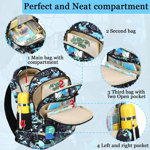 Vista 4 de CAMTOP Mochila infantil para escuela, niños y niñas, preescolar y primaria, Dinosaurio, Compacto