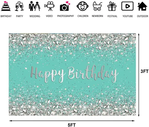 Vista 4 de Fondo de fotografía de cumpleaños azul y plateado, fondo de diamantes brillantes para niñas y adultos, decoración de fiesta de cumpleaños, pancarta