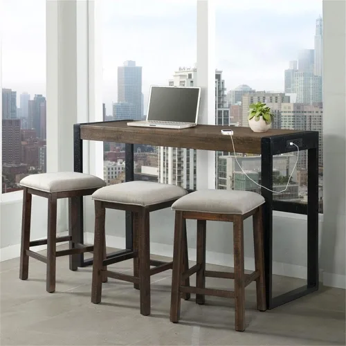 Vista 2 de BOWERY HILL Juego de mesa contemporánea multiusos para el hogar, bar, sala de estar, sofá con 3 taburetes tapizados en tela de nogal y gris pardo