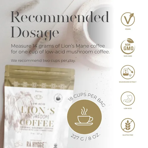 Vista 6 de Rå Hygge Organic Ground Lion’s Mane Mushroom Coffee - Medium Roast, 8 oz (16 Cups) - Focus & Cognitive Boost Coffee, Low-Acid & Jitter-Free