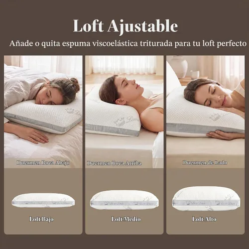 Vista 3 de Almohadas de Cama Queen de Algodón Orgánico, Almohadas de Espuma Viscoelástica Triturada, Almohada de Cama Ajustable para Dormir, 20"x30" Almohadas