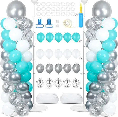 Vista 13 de Juego de 2 soportes de columna de globos plateados y blancos con 100 globos plateados con base para globos de confeti de suelo, kit de columna