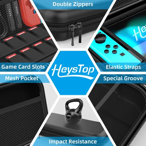 Vista 3 de Heystop - Funda de transporte para Nintendo Switch con protector de pantalla 9 en 1 kit de accesorios para Nintendo Switch y 6 unidades de agarre