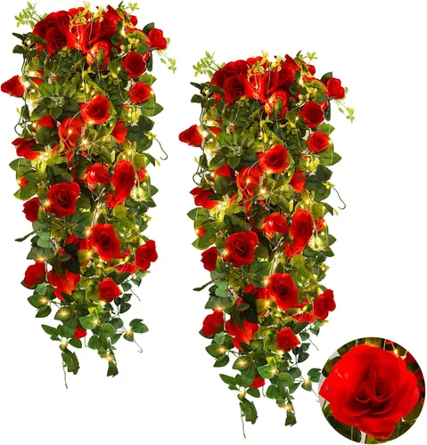 Vista 20 de RECUTMS - Guirnalda de flores artificiales colgantes de rosas negras, 2 guirnaldas florales falsas de 3.3 pies con 30 luces LED para pared