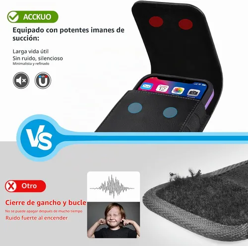 Vista 5 de Funda de cuero para teléfono ACCKUO con clip de cinturón de metal resistente y cierre magnético Compatible con iPhone 16/15/14/13/12 Pro y Non-Pro