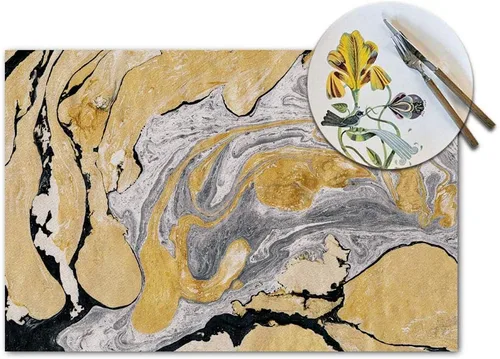 Vista 3 de Juego de 4 manteles individuales negros y dorados, con tinta de mármol negro, dorado, plateado, pintura abstracta, hermoso efecto gris, aguamarina