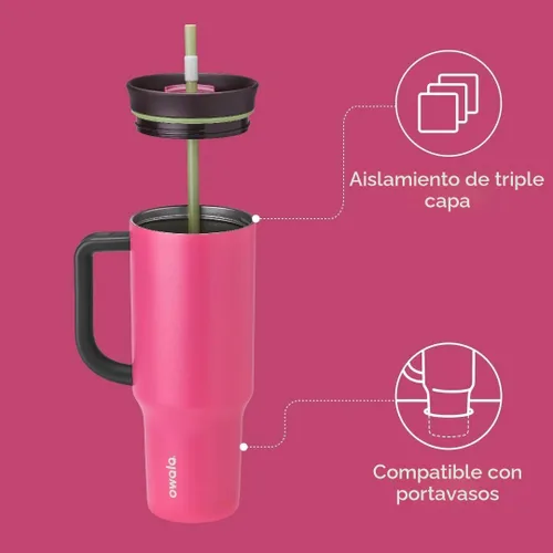 Vista 2 de Owala Vaso de viaje aislado de acero inoxidable de triple capa con tapa resistente a derrames, popote y asa de transporte, sin BPA, 40 onzas, rosa