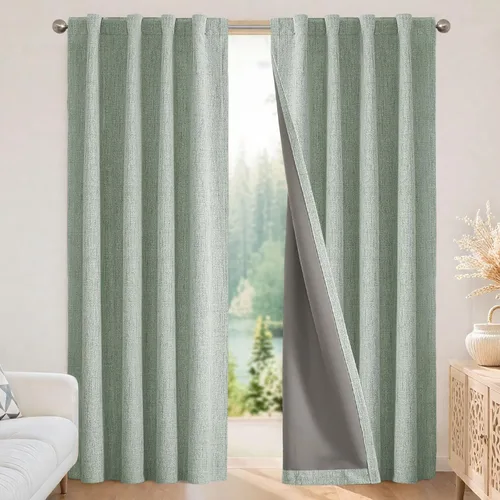 Vista 19 de Joydeco - Cortinas 100% opacas, 2 paneles de lino natural para oscurecer habitación, aislamiento térmico, trabillas traseras y bolsillo para barra