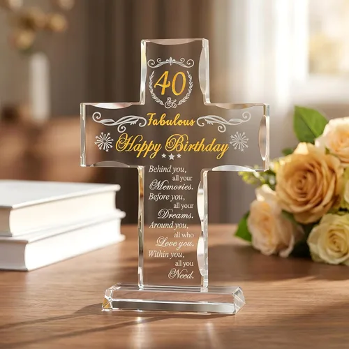 Vista 3 de Regalos de 40 cumpleaños para mujeres y hombres, soporte de cruz de vidrio grabado con 40 y fabulosos regalos religiosos para ella, ideas de regalos