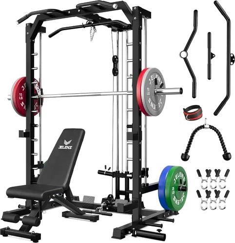 Vista 21 de JELENS SR01 Smith Machine, jaula de potencia multifunción de 2000 libras con sistema de extracción LAT, estante para sentadillas todo en uno