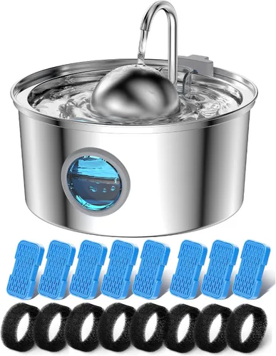 Vista 12 de AONBOY Fuente de agua para gatos con ventana de nivel de agua, fuente para gatos de 108 oz/3.2 L, acero inoxidable, 6 filtros + 3 filtros