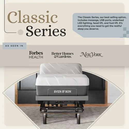 Vista 2 de Sven & Son Base de cama ajustable clásica, elevación de cabeza y pies, masaje, luces debajo de la cama, USB, memoria de gel, marco inteligente
