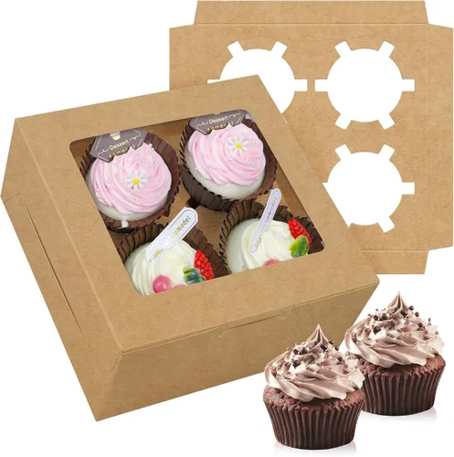 Vista 10 de Juego de 10 cajas para cupcakes a granel con ventana transparente para 4 cupcakes estándar, contenedor desechable de grado alimenticio rojo