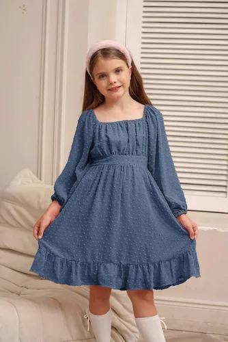 Vista 2 de GRACE KARIN Vestido escalonado con volantes para niñas, vestido acampanado de manga larga con lunares suizos, 6-14 años