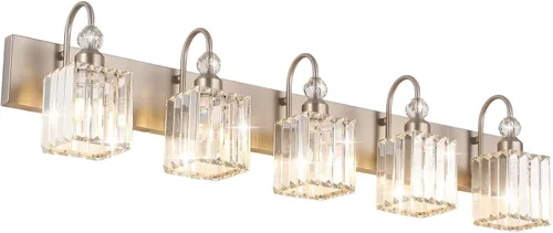 Vista 10 de Ralbay Modernas luces LED de cristal para tocador de baño, 3 luces de acero inoxidable, luces de tocador de cristal sobre el espejo, accesorios