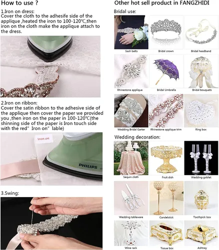 Vista 4 de 2 apliques de novia de diamantes de imitación para ajuar de novia, vestido o cinturón
