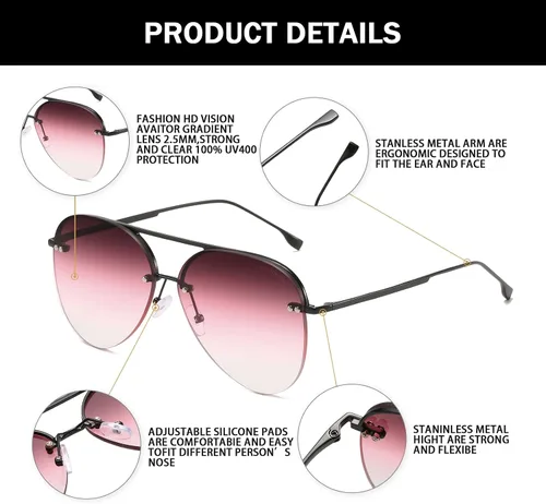 Vista 2 de Gafas de sol retro sin montura para mujer, estilo aviador, gafas de sol clásicas de gran