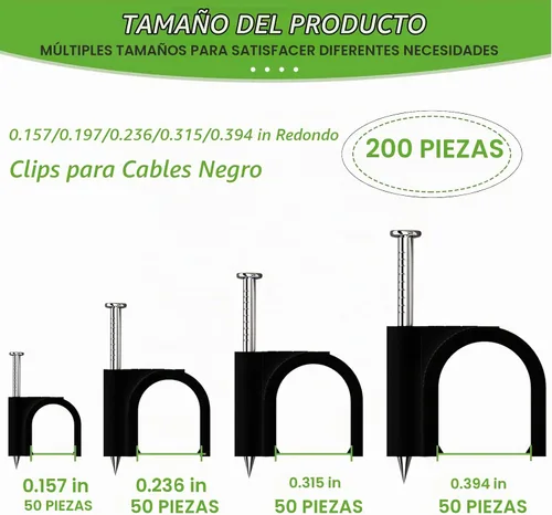 Vista 2 de mxuteuk 200 piezas de clips para cables con clavos de acero, clips para cables redondos negros de 4/6/8/10 mm, clips de pared para cables, clips
