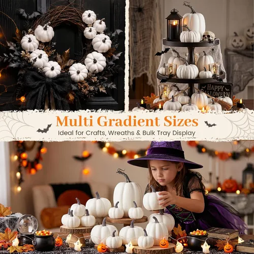 Vista 3 de DomeStar 14 calabazas falsas blancas, calabazas blancas de espuma a granel para Halloween, Acción de Gracias, otoño, temporada de decoración de baby