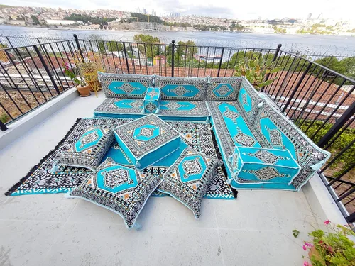Vista 4 de arabicsofa Light Blue L Shaped Moroccan Majlis Seating – Arabic Sectional Floor Sofa Set – Modular Corner Sofa Set
