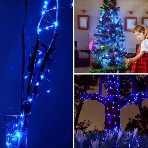Vista 5 de RUICHEN Luces de Hadas de Alambre Plateado Enchufables de 33 Pies, Cadena de 100 Luces LED con Carrete, Azul Waterproof, Silver Coated Copper Wire