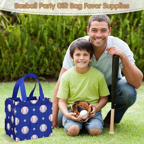 Vista 4 de Kigeli 60 bolsas de regalo de fiesta de béisbol, bolsas de regalo reutilizables no tejidas con asas, bolsas de dulces para fiesta de equipo, como se