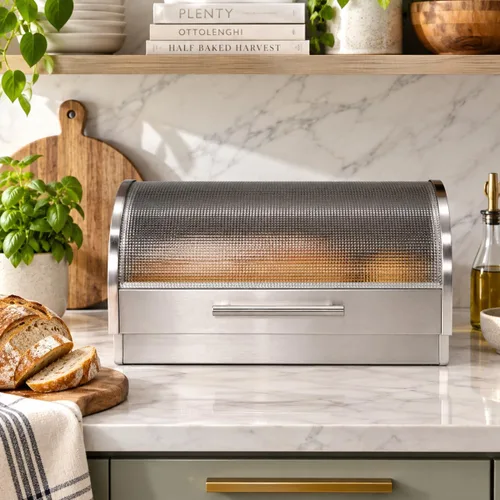 Vista 3 de Oggi Panera con tapa enrollable de acero inoxidable para encimera de cocina con tapa de vidrio templado - Se adapta a múltiples hogazas grandes