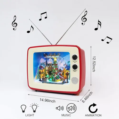 Vista 3 de MOMENTS IN TIME Decoración navideña de TV retro animada roja con luz LED, escena navideña con trineo de Papá Noel y obras de tren, 8 canciones