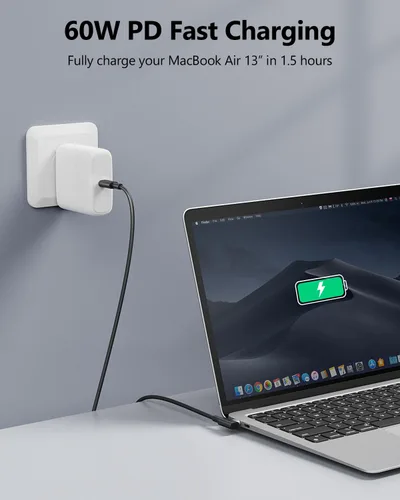 Vista 4 de SUNGUY Cable USB C a USB C de 6 pulgadas [2 unidades], ángulo recto de 0.5 pies, 90 grados tipo C a C, 60 W, PD de carga rápida, compatible