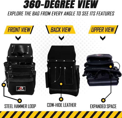 Vista 3 de Bolsa de herramientas de cuero AP LEATHER Pro-015 para construcción, resistente, con soporte para martillo, hebilla, 3 bolsillos grandes