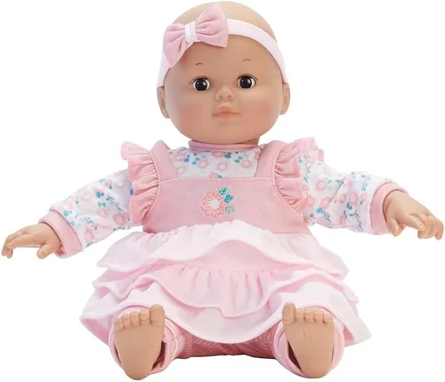 Vista 8 de Madame Alexander Muñeca Bebé Cuddles de 14 Pulgadas con Biberón, Rosa Floral, Tono de Piel Oscuro