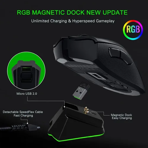 Vista 5 de Base de carga para mouse inalámbrico Razer Viper Ultimate Naga Pro DeathAdder V2 Pro y Basilisk Ultimate Magnetic Charging RGB Lights Indicador