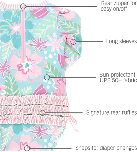 Vista 4 de RuffleButts - Traje de baño de manga larga, de una pieza, para bebéniñas, con protección solar UPF 50+