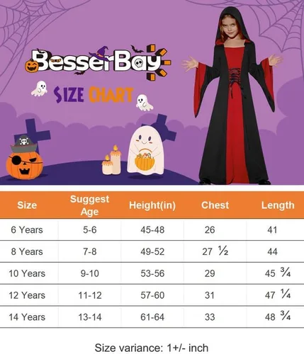 Vista 7 de BesserBay Disfraz de bruja con capucha de Halloween para niñas de 5 a 14 años