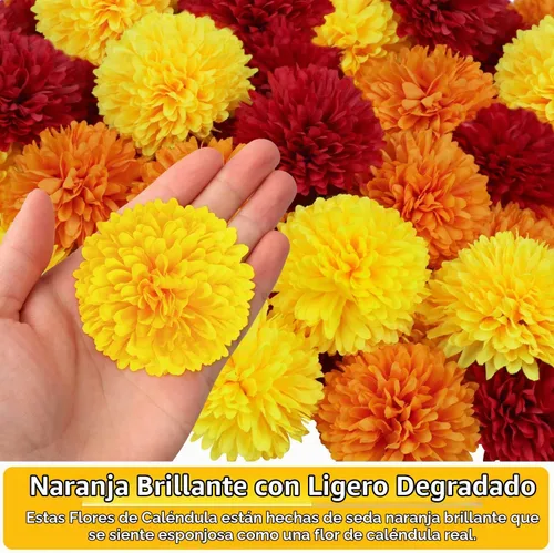 Vista 2 de 40 cabezas de flores de caléndula de 2.75 pulgadas a granel, flores artificiales de caléndula de seda para Diwali, decoración del hogar, guirnalda