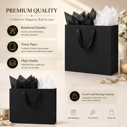 Vista 2 de Offizon 12 bolsas de regalo negras, bolsas de regalo con papel de seda