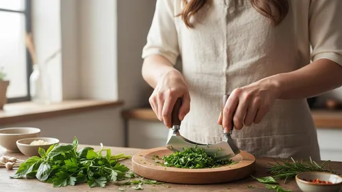 Vista 5 de Picador de ensalada con tabla de cortar redonda de madera, cuchillo Mezzaluna con cubierta protectora y mango antideslizante, cortador de verduras