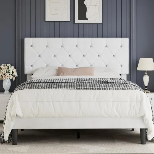 Vista 25 de VECELO Base de cama tamaño individual con plataforma tapizada con cabecera ajustable de botones de diamante, soporte de listones de madera,