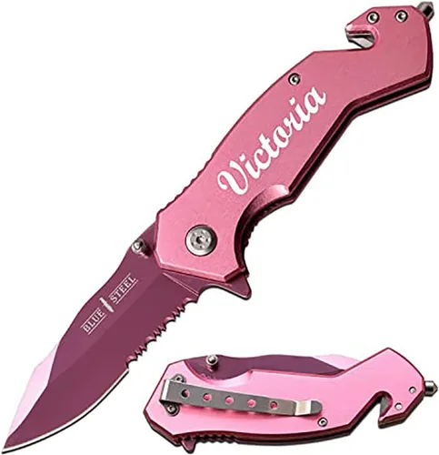 Vista 14 de GIFT INFINITY Navaja de bolsillo personalizada con grabado gratuito – Hoja de acero inoxidable media serrada, mango recubierto de titanio negro
