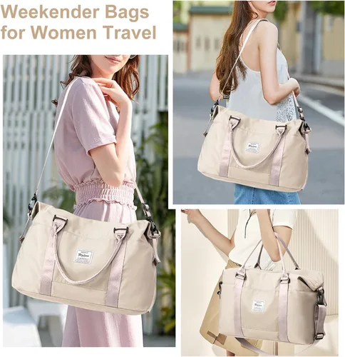 Vista 2 de Bolsas de viaje para mujer, bolsa de viaje para fin de semana, bolsa de lona con mojado Pocke, beige (A-Beige)