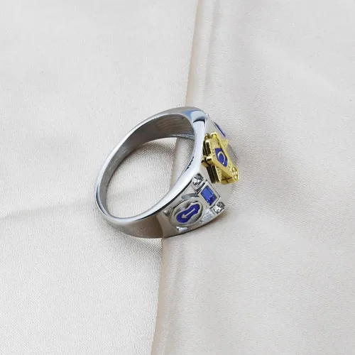 Vista 6 de RLJWUNB Anillo de regalo masón masón masónico para logia masónica, símbolo masón chapado en oro, anillo de motociclista para fanáticos masones