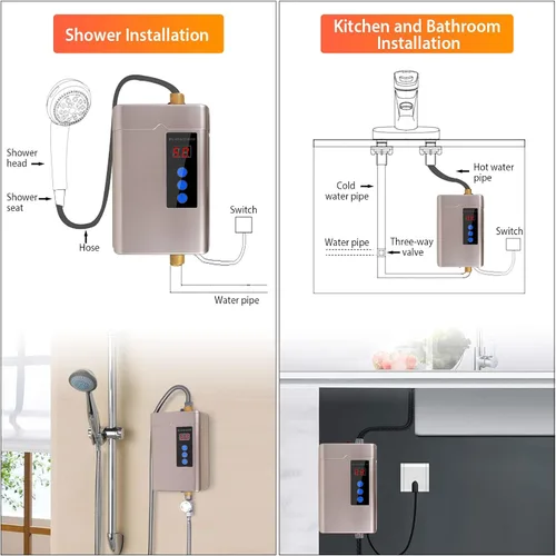 Vista 3 de Calentador de agua eléctrico sin tanque, pequeño calentador de agua instantáneo para fregadero de cocina, 3000 W 110 V, con pantalla digital LCD