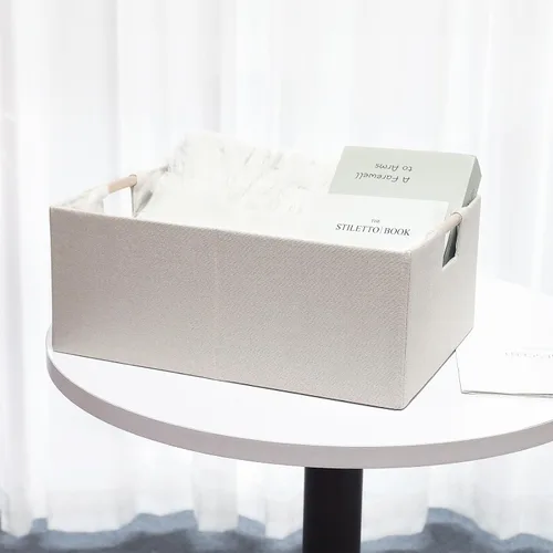Vista 8 de Caja de Almacenamiento de Tela Plegable Cesta de Algodón y Lino con Asas de Madera, Cubo Rectangular Decorativo, Organizador de Lavandería