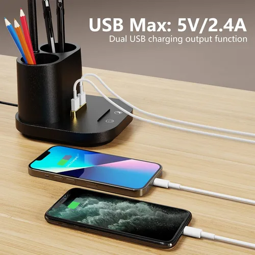 Vista 4 de Lámpara LED de escritorio con puerto de carga USB, control táctil, 3 modos de color, atenuación sin escalones, lámpara de mesa LED para cuidar