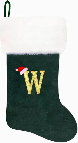 Vista 17 de Calcetines de Navidad bordados de 20 pulgadas con monograma, terciopelo negro con puño de felpa blanca supersuave, adornos clásicos para decoración