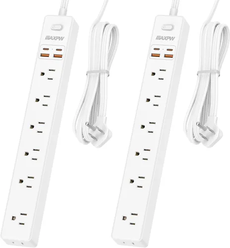 Vista 11 de Regleta protectora de sobretensiones de 10 pies, 7 tomacorrientes, 4 puertos USB (2 USB C), cable de extensión plano ultrafino y enchufe plano, 1700