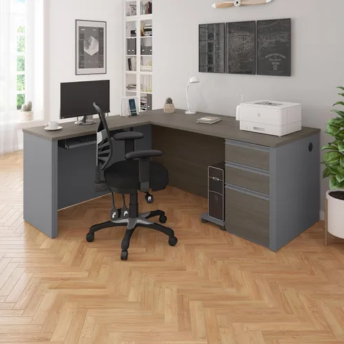 Vista 2 de Bestar Prestige + Escritorio en forma de L con pedestal, 72 W, gris ladrido y pizarra With Pedestal; 1 file drawer; for home office use